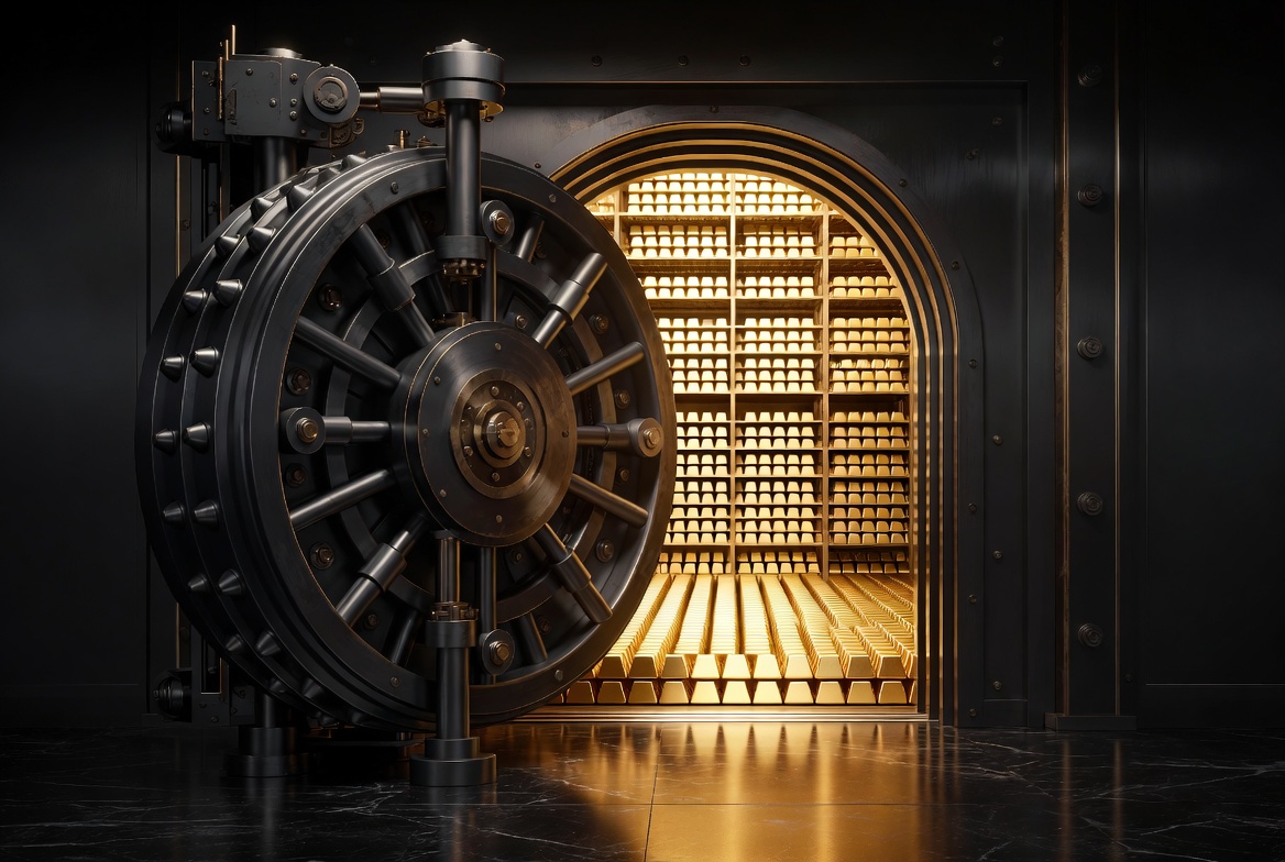 Gold bullion stored behind an open vault door